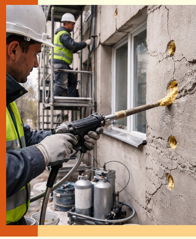 Заполнение пустот в фасаде и утепление стен в Сальске